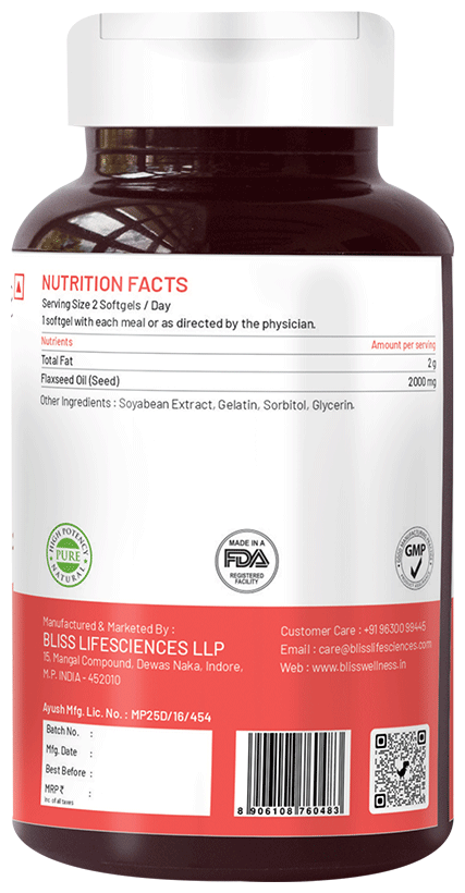 Bliss Welness Flaxseed Oil High Potency Omega-3 Softgel Capsule | Grocsy