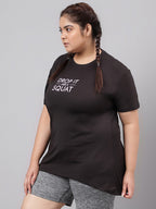MKH Plus Size Typography Printed Drop-Shoulder Sleeves Relaxed Fit Dri-FIT T-shirt | Grocsy