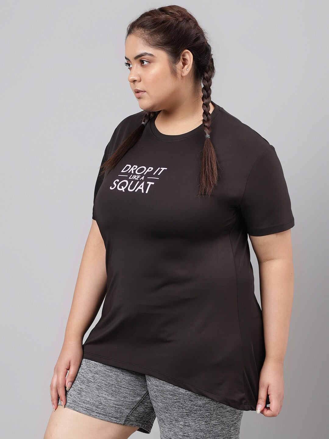 MKH Plus Size Typography Printed Drop-Shoulder Sleeves Relaxed Fit Dri-FIT T-shirt | Grocsy