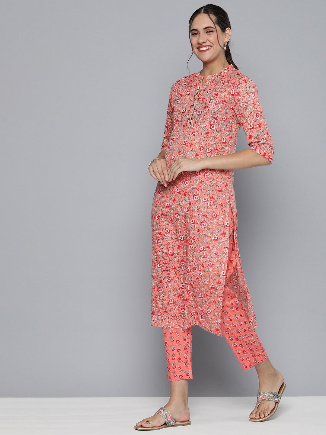 HERE&NOW Women Pink Floral Printed Pure Cotton Kurta with Trousers & With Dupatta | Grocsy