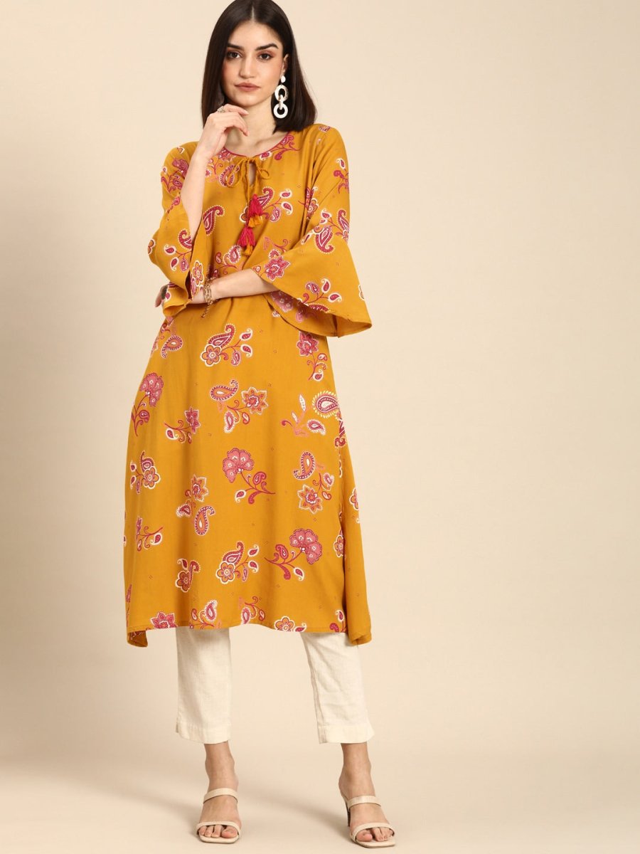 All About You Women Mustard Yellow Ethnic Motifs Printed Flared Sleeves Kurta | Grocsy