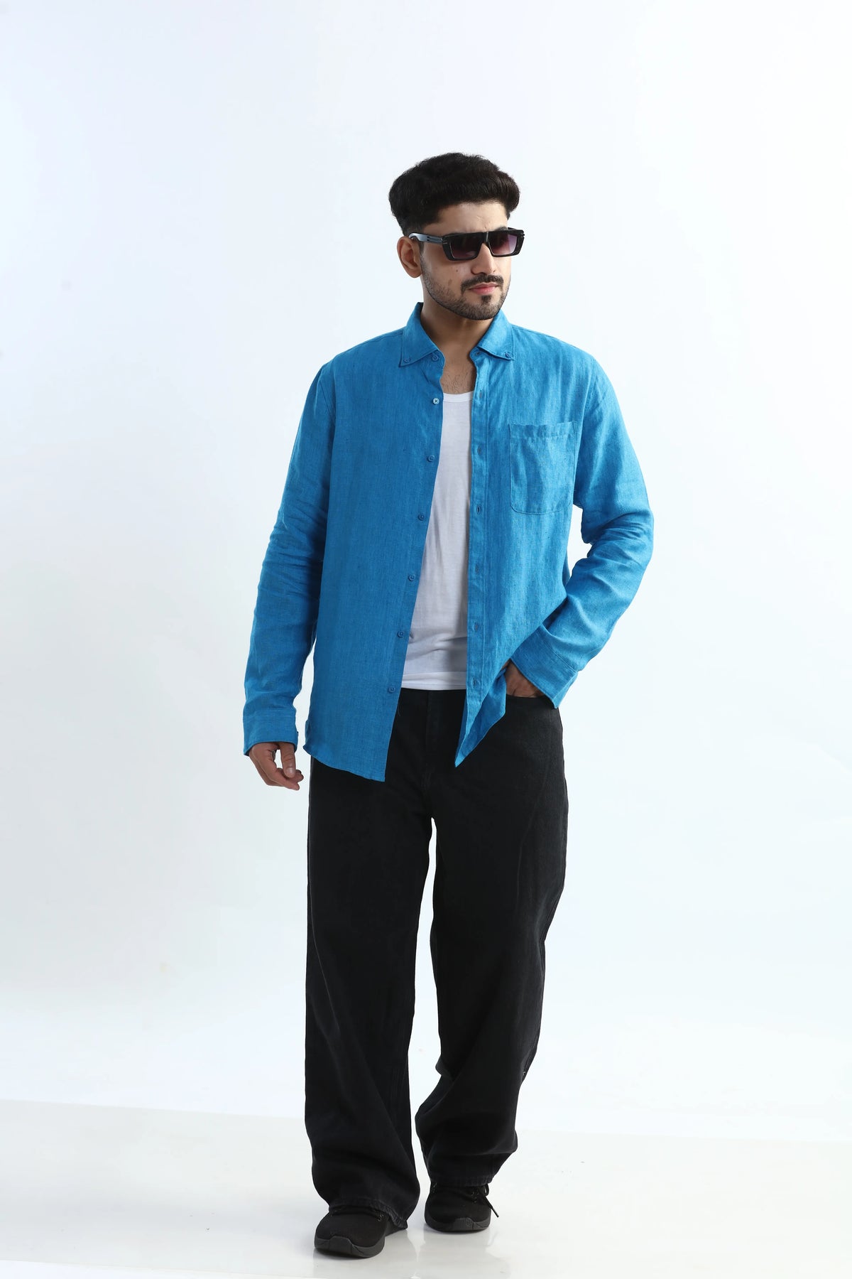 Xkind Blue 100% Pure Linen Button Down Casual Shirt | Grocsy