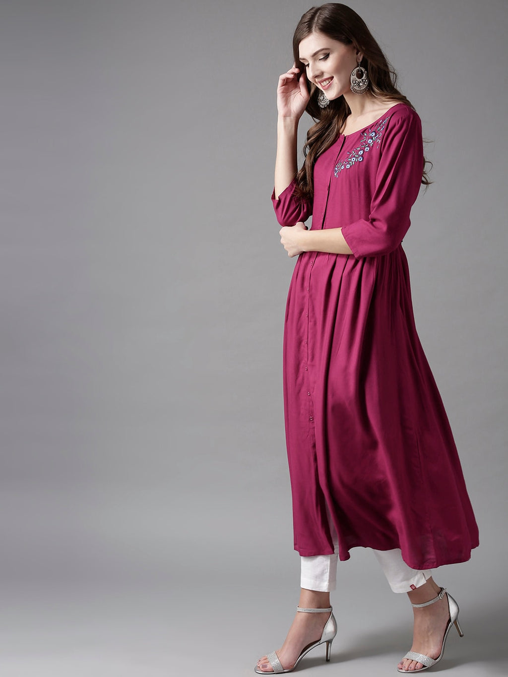 HERE&NOW Embroidered Wine Viscose Kurta | Grocsy