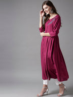 HERE&NOW Embroidered Wine Viscose Kurta | Grocsy