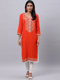 Souchii Orange Ethnic Motifs Thread Work Grandeur & Majestic Artwork Kurta | Grocsy