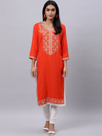 Souchii Orange Ethnic Motifs Thread Work Grandeur & Majestic Artwork Kurta | Grocsy