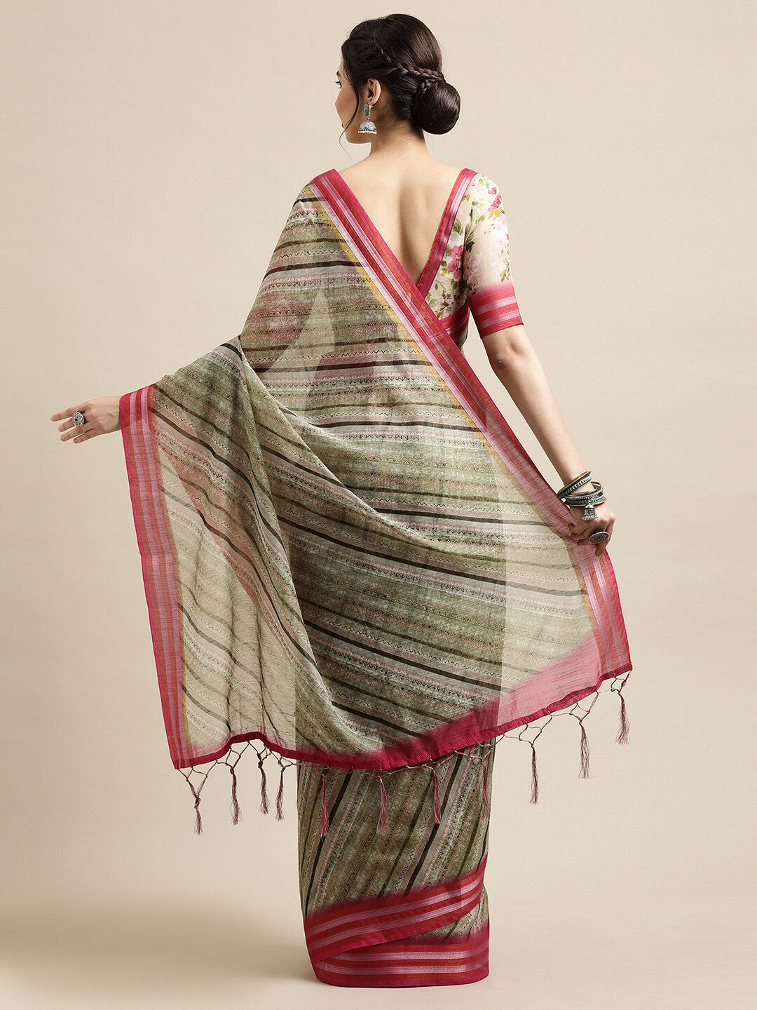 Saree Mall Olive Green & Pink Leheriya Linen Blend Saree | Grocsy