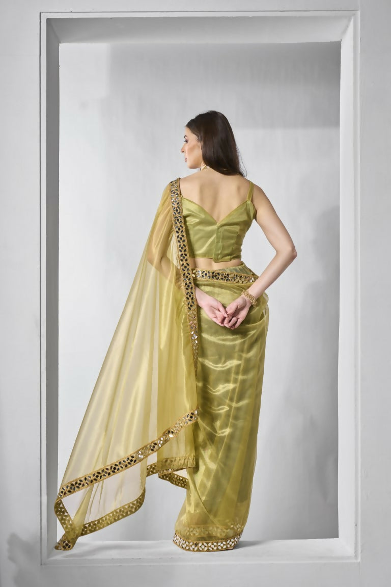 Green Gold Tissue Net Solid & Gold Cotted Saree - Samaa | Grocsy