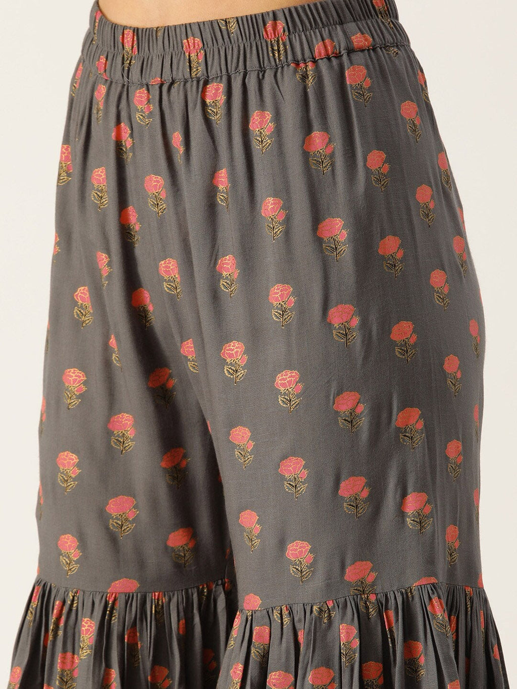HERE&NOW Women Grey & Peach-Colored Floral Printed Kurta With Sharara With Dupatta | Grocsy
