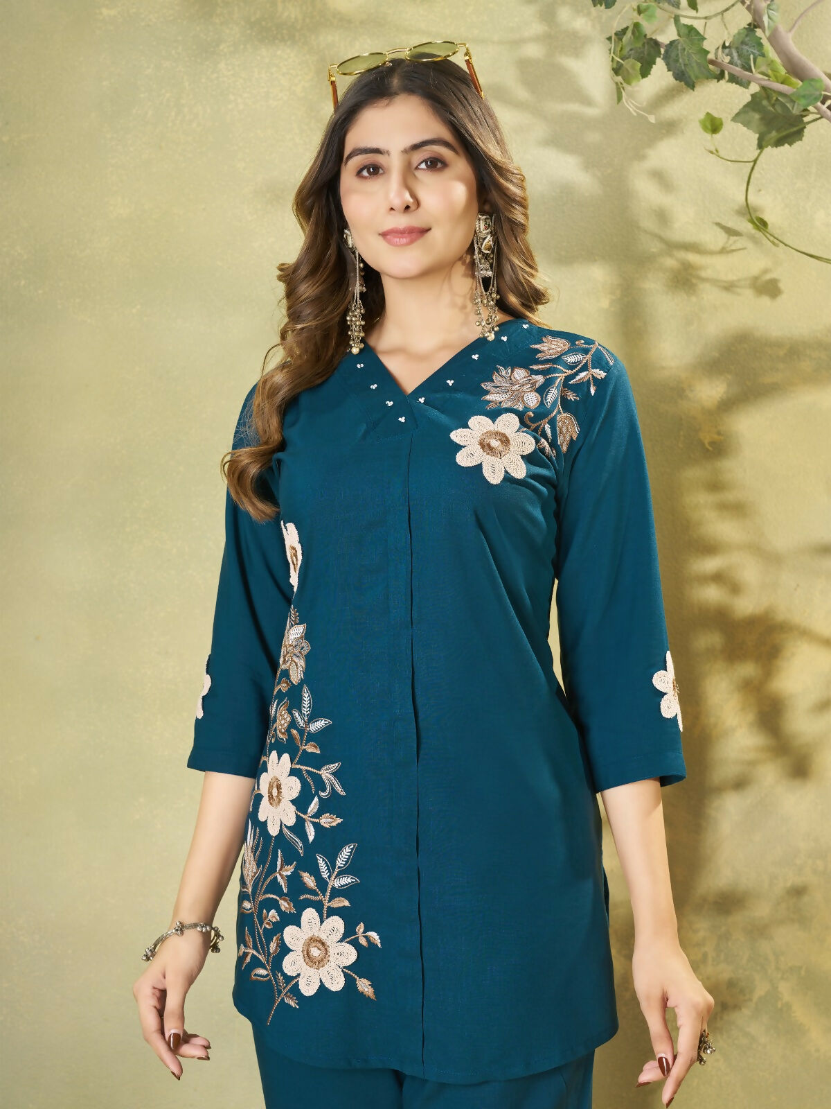 Teeya Creation Women Teal Blue Embroidered Tunic & Pant Co-Ord Set | Grocsy