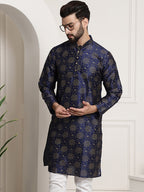 Sojanya Men Navy Blue & Golden Ethnic Motifs Printed Indigo Kurta | Grocsy