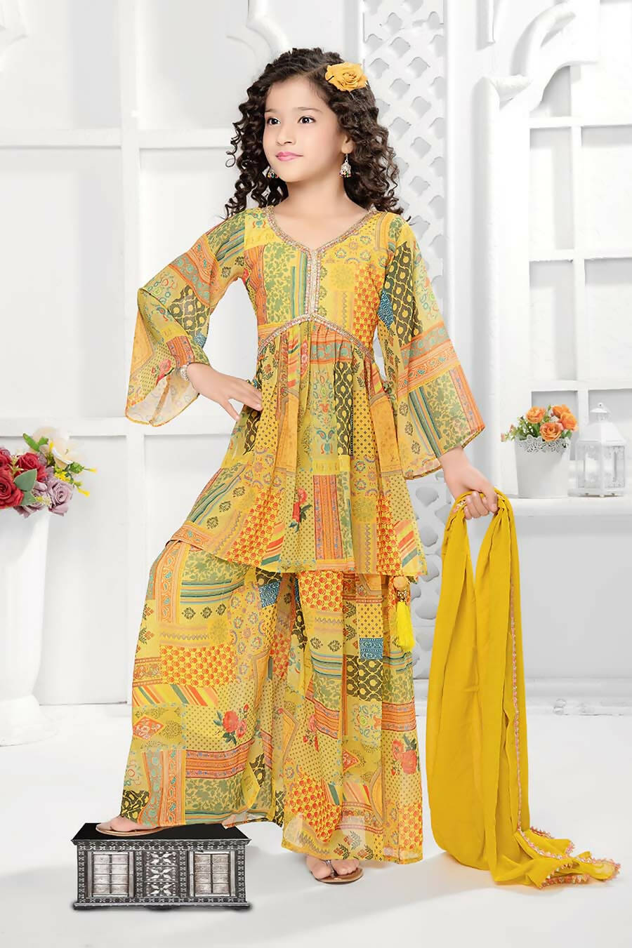 Kids Functional Designer Lemon Mustard Digital Flower Print On Georgette Shrara Suit - Aaradhna | Grocsy