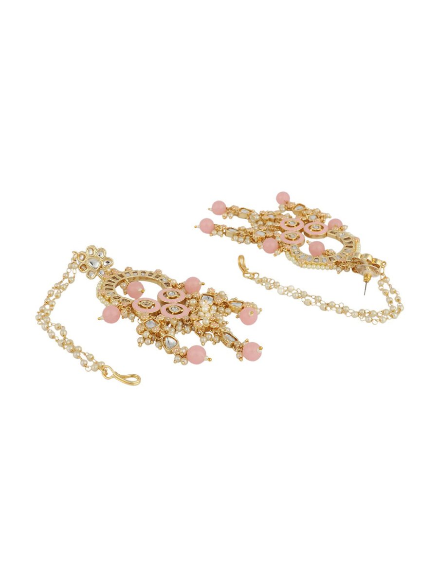 Anikas Creation Pink & Gold-Polished Kundan Contemporary Chandbalis With Ear Chain Earrings | Grocsy