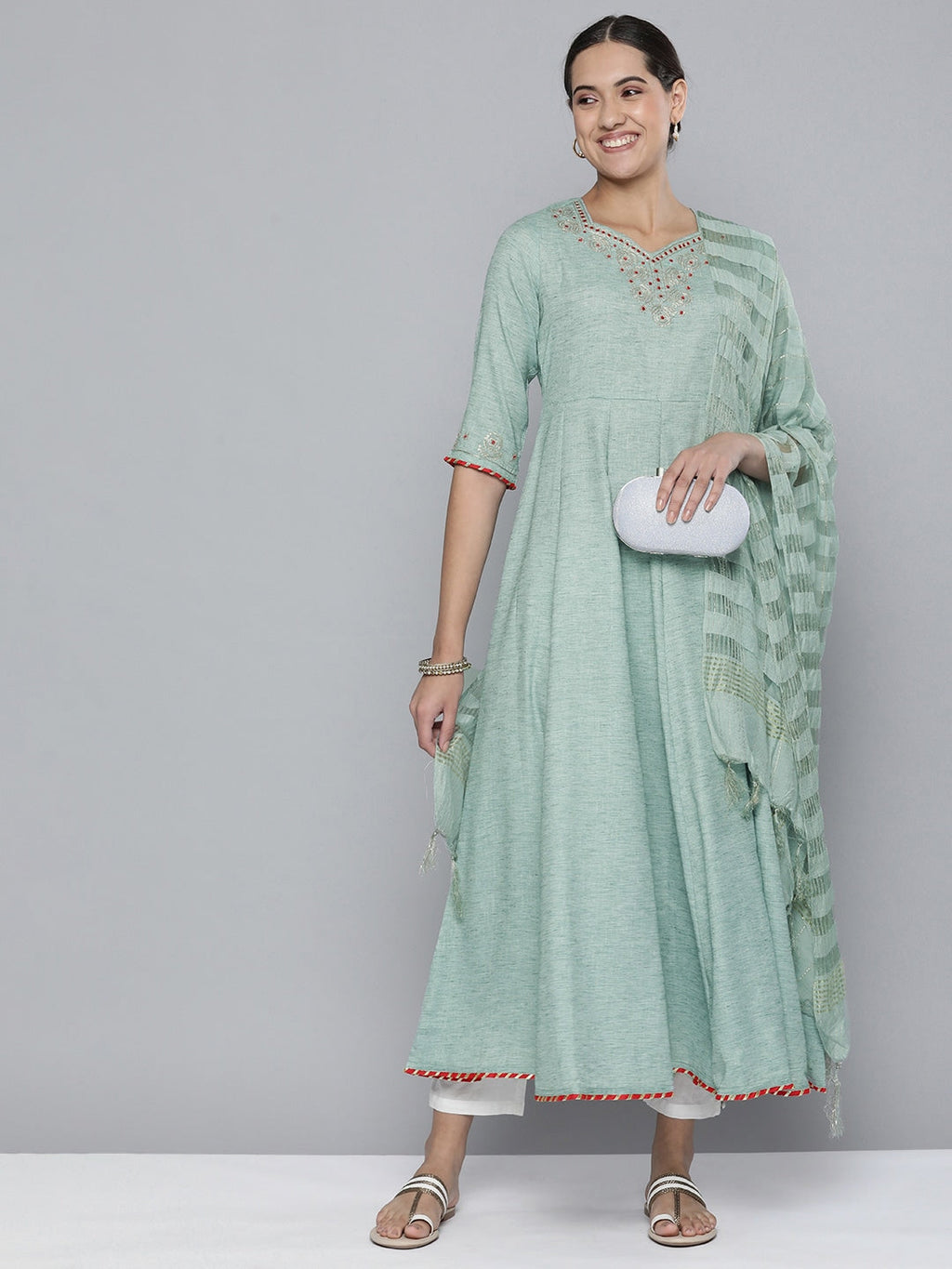 HERE&NOW Women Embroidered Ethnic Motifs Yoke Design Anarkali Kurta | Grocsy