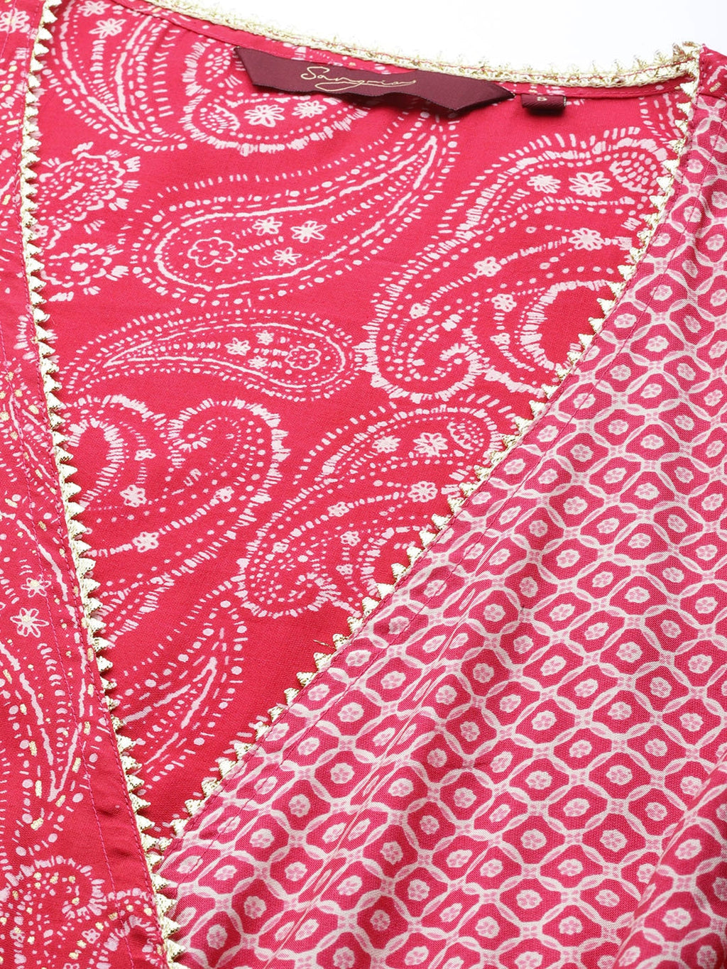 Sangria Women Fuchsia Ethnic Motifs Printed Angrakha Gotta Patti Kurta with Trousers | Grocsy