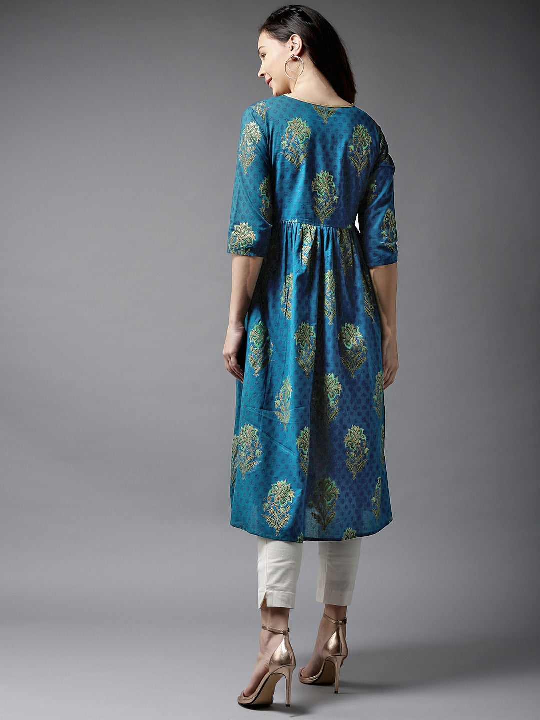 HERE&NOW Women Teal & Green Printed A-Line Kurta | Grocsy