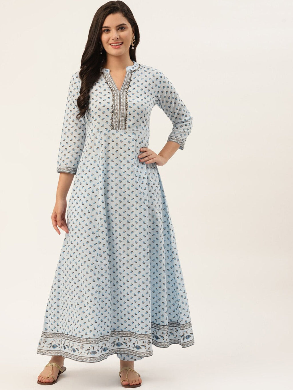 HERE&NOW Women Blue Floral Printed Pure Cotton Kurta with Trousers | Grocsy