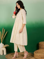 Sangria Off White Floral Embroidered Mirror Work Pure Cotton Anarkali Kurta Set | Grocsy