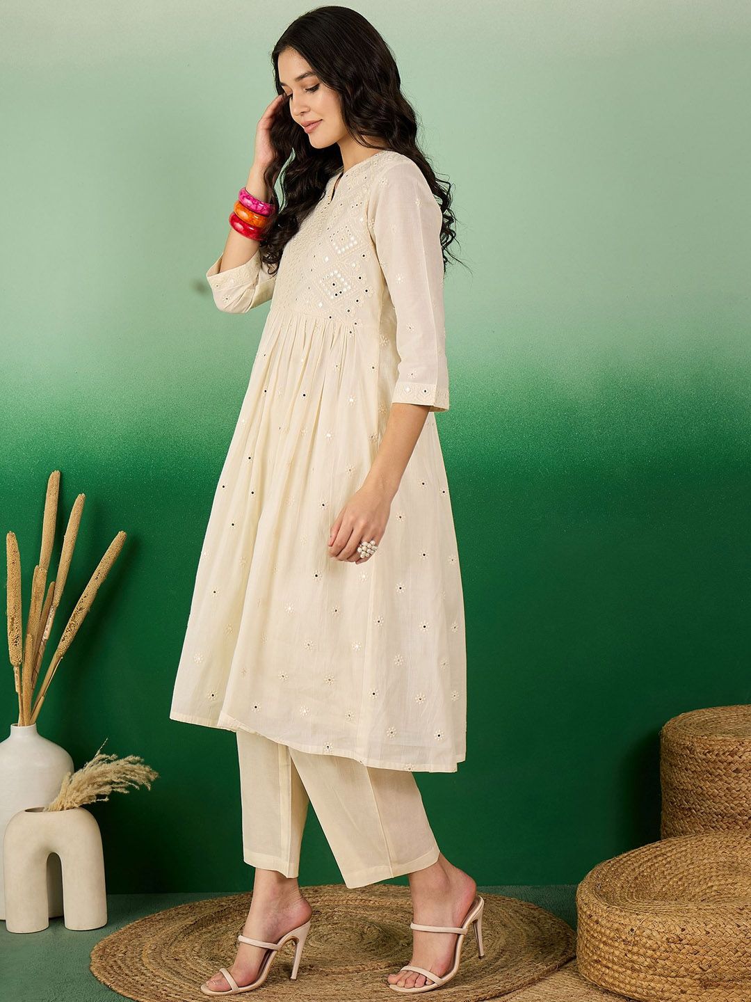 Sangria Off White Floral Embroidered Mirror Work Pure Cotton Anarkali Kurta Set | Grocsy