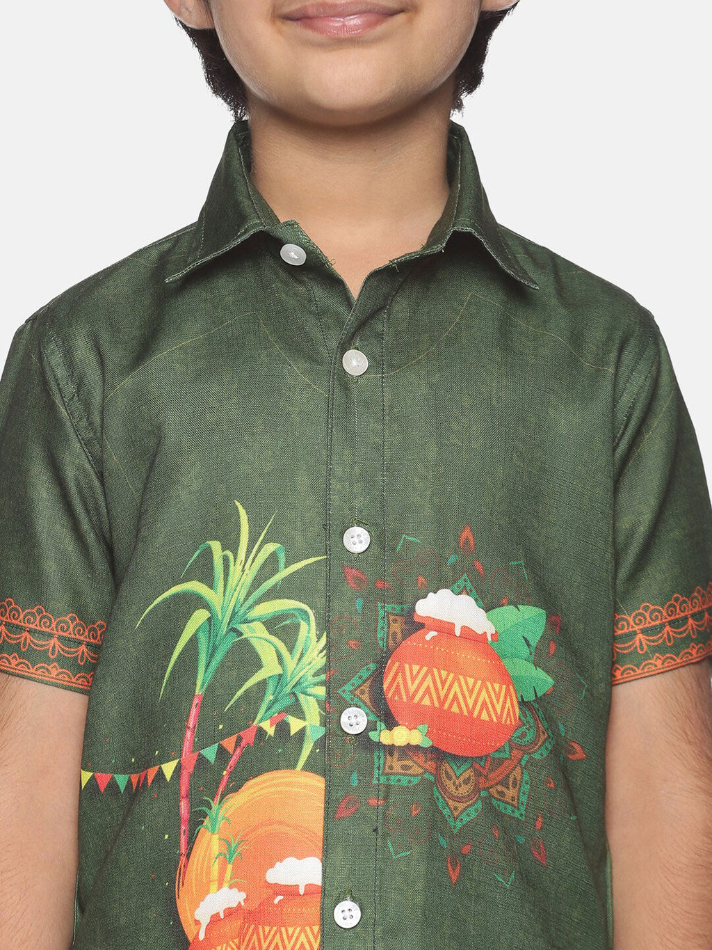 Sethukrishna Boys Olive Green Printed Shirt | Grocsy