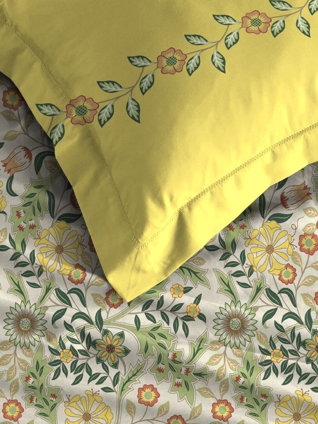 MYTRIDENT Beige White Floral Pure Cotton 144 TC Queen Bedsheet With 2 Pillow Covers | Grocsy