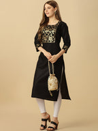 HERE&NOW Black & Gold Square Neck Yoke Design Cotton Kurta | Grocsy