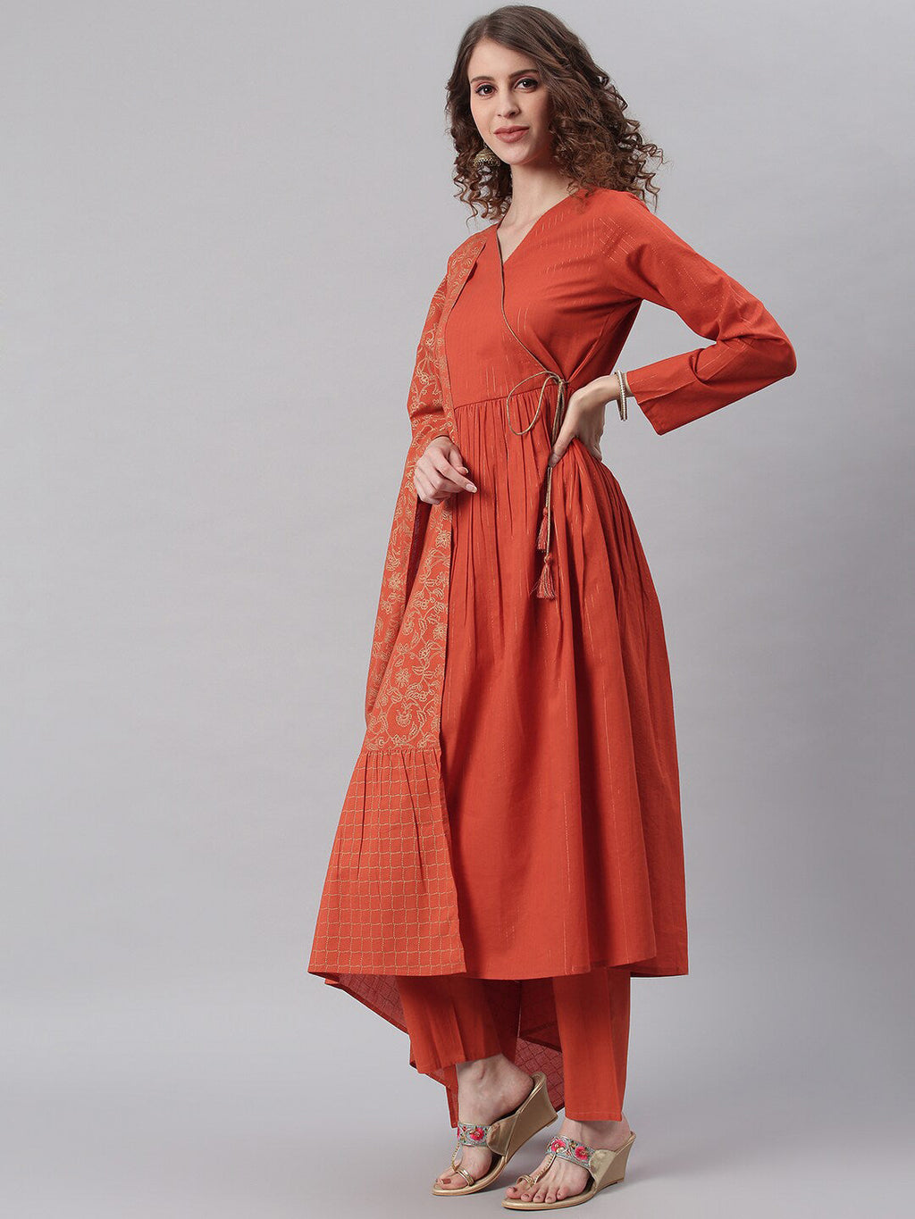 Janasya Women Orange Angrakha Pure Cotton Kurta with Trousers & Dupatta | Grocsy