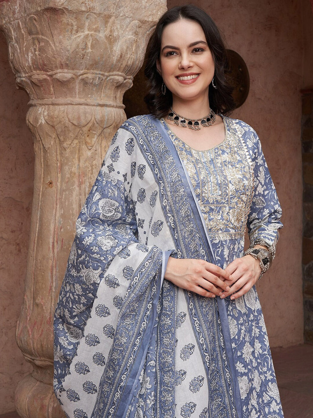 Sangria Blue Printed Thread Work Pure Cotton Empire A-Line Kurta with Trousers & Dupatta | Grocsy