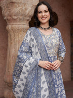 Sangria Blue Printed Thread Work Pure Cotton Empire A-Line Kurta with Trousers & Dupatta | Grocsy