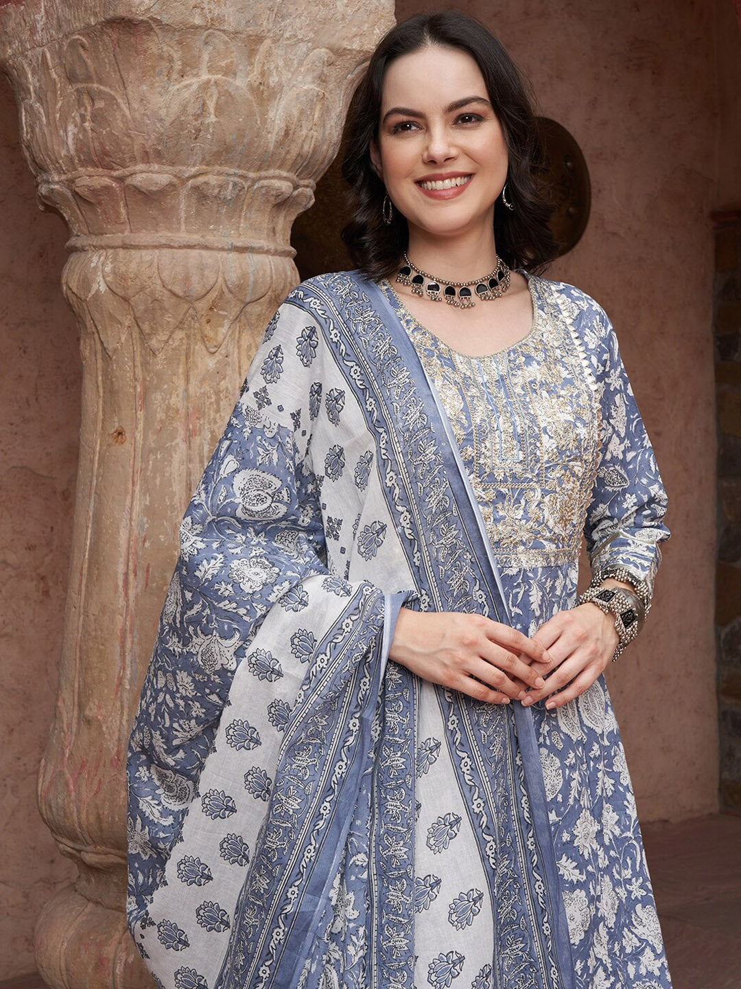 Sangria Blue Printed Thread Work Pure Cotton Empire A-Line Kurta with Trousers & Dupatta | Grocsy