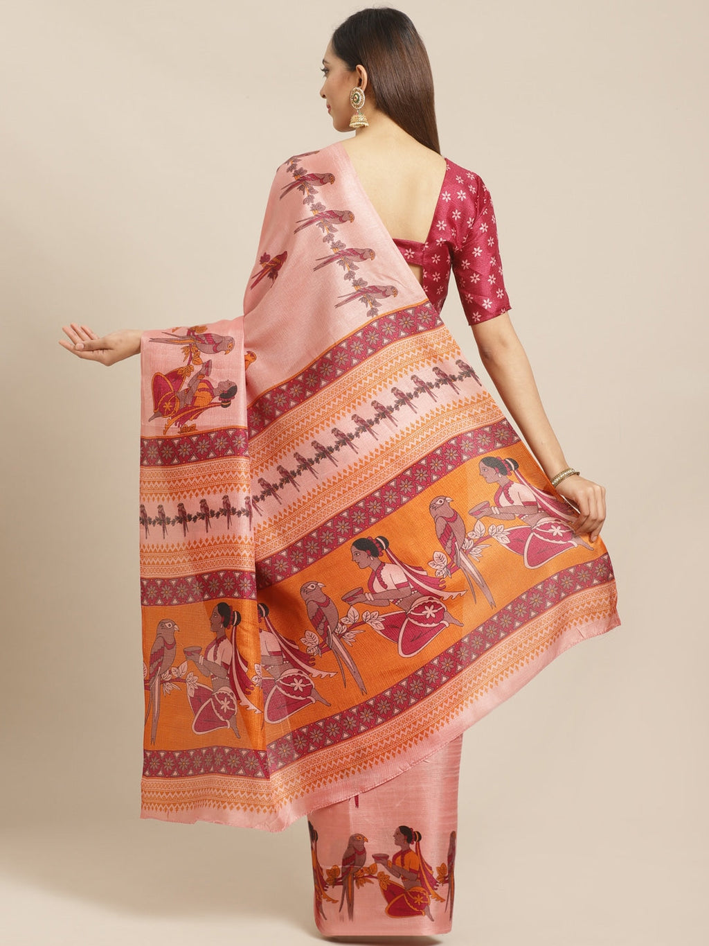 Saree Mall Peach-Coloured & Maroon Warli Print Bhagalpuri Saree | Grocsy
