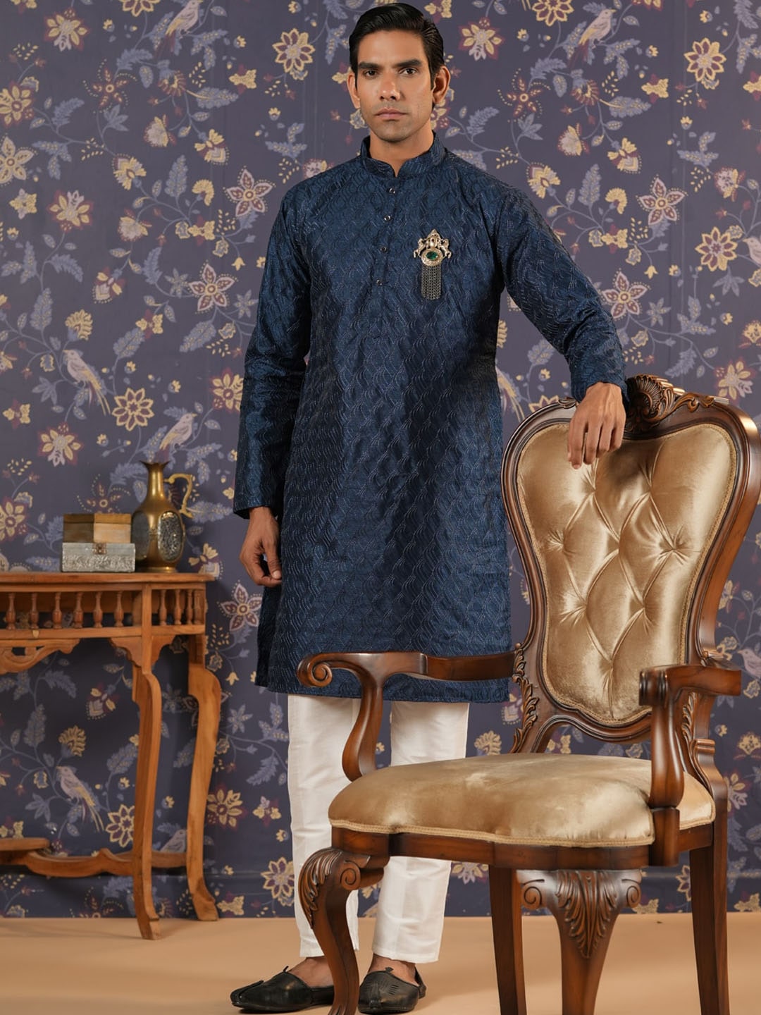 House of Pataudi Ethnic Motifs Embroidered Mandarin Collar Straight Kurta With Trouser | Grocsy