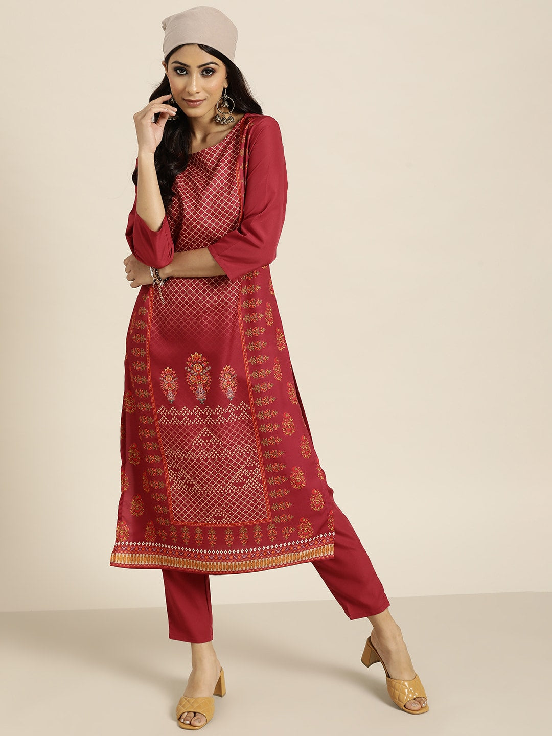 Sangria Women Maroon Ethnic Motifs Printed Kurta with Trousers | Grocsy