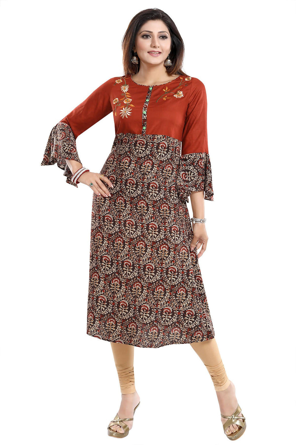 Snehal Creations Rust Rayon Printed Flared Long Tunic | Grocsy