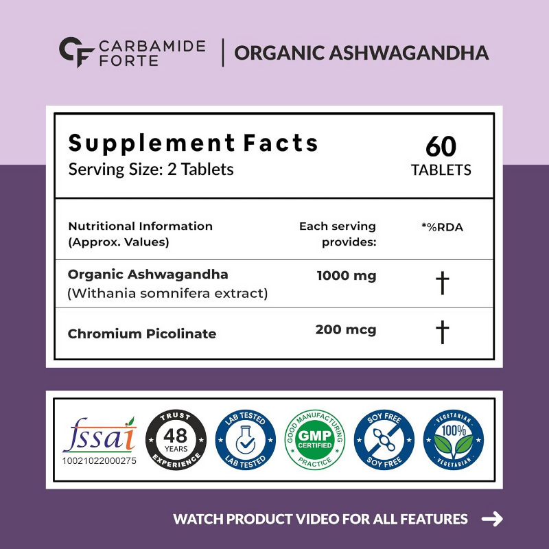 Carbamide Forte Organic Ashwagandha 1000mg Tablets | Grocsy