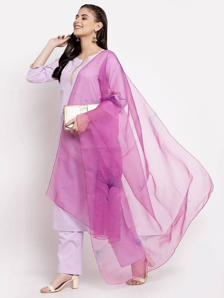 Myshka Women's Light Purple Cotton Solid 3/4 Sleeve Round Neck Casual Kurta Pant Dupatta Set | Grocsy