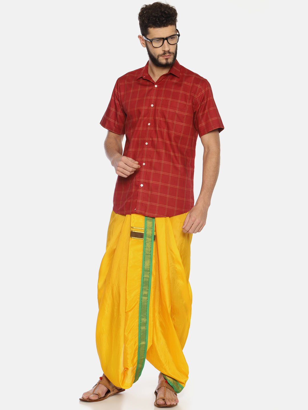 Sethukrishna Men Yellow Solid Double Layer Readymade Dhoti Pant | Grocsy