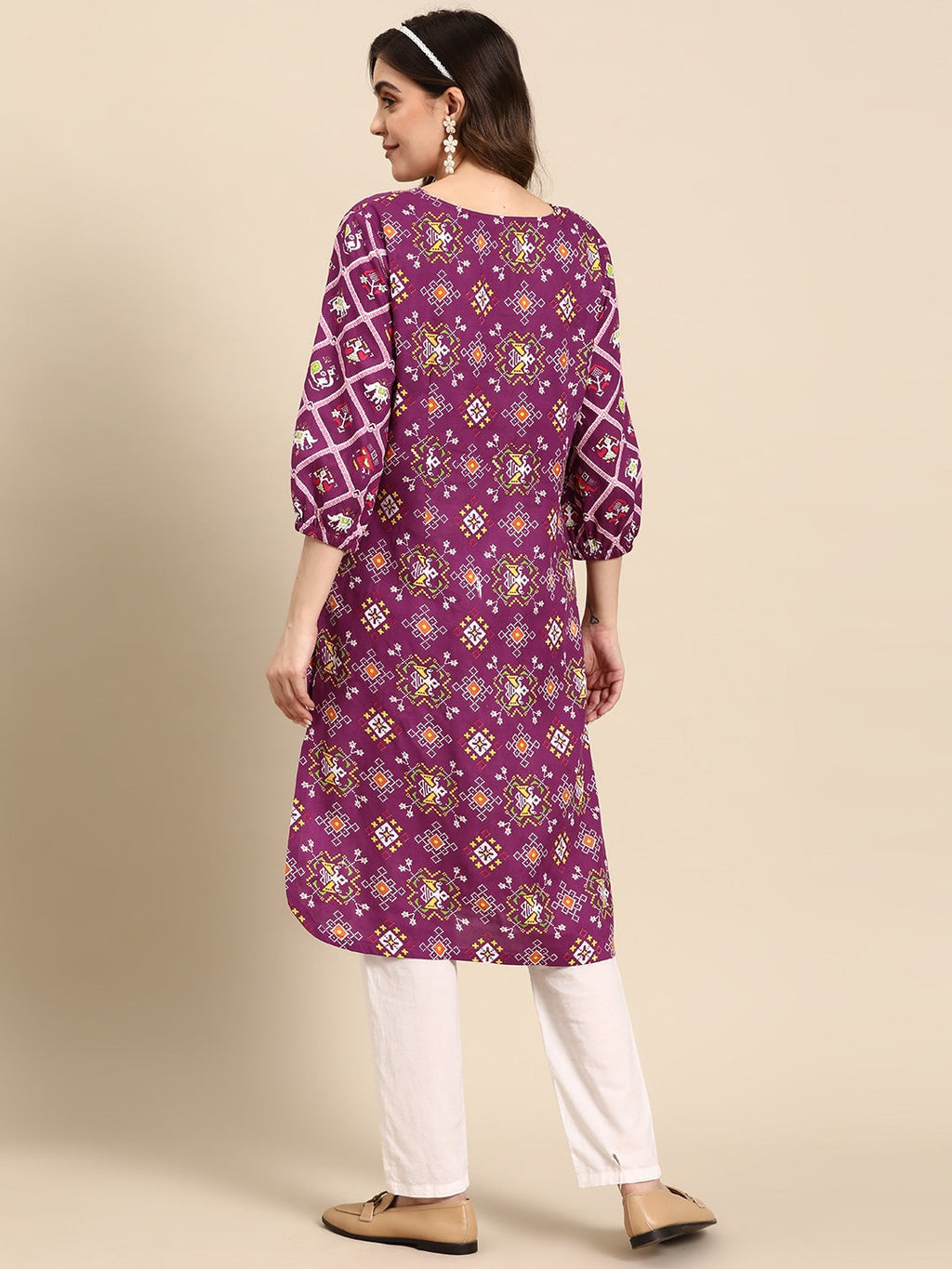 Sangria Ethnic Motifs Printed V-neck Puff Sleeves Kurta | Grocsy