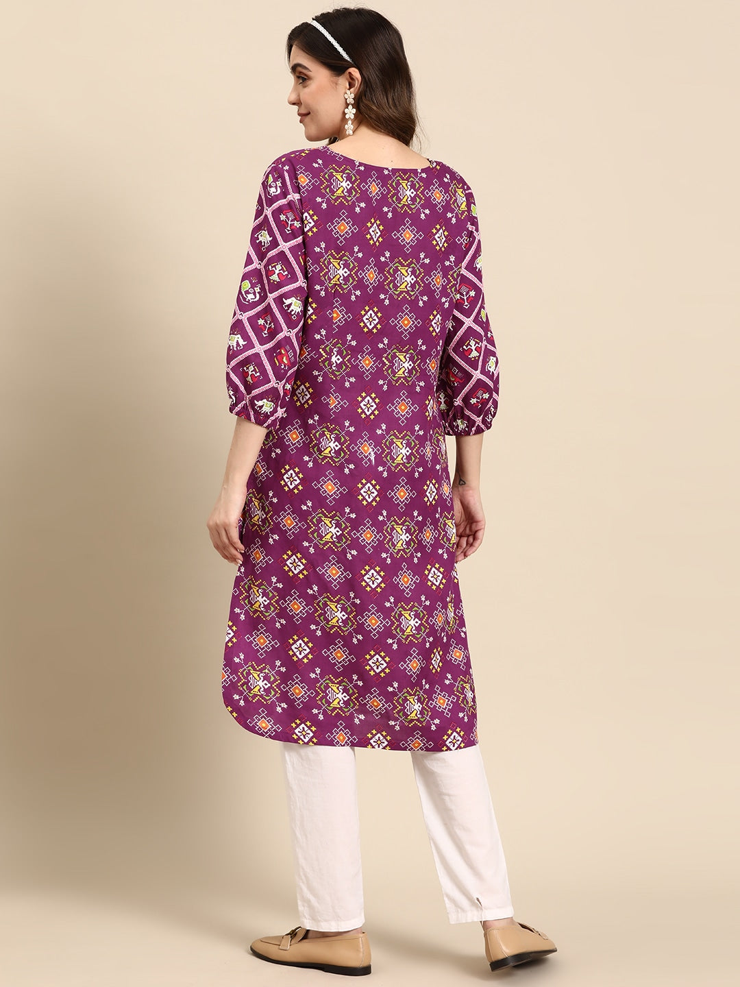 Sangria Ethnic Motifs Printed V-neck Puff Sleeves Kurta | Grocsy