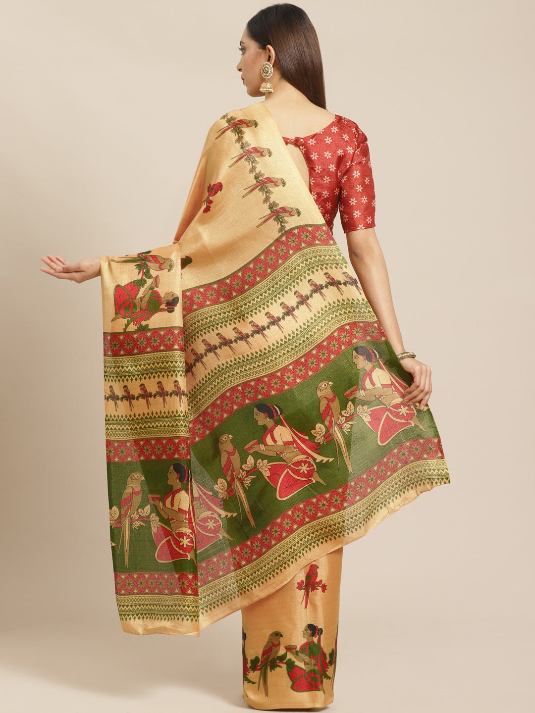 Saree Mall Beige & Red Printed Saree | Grocsy