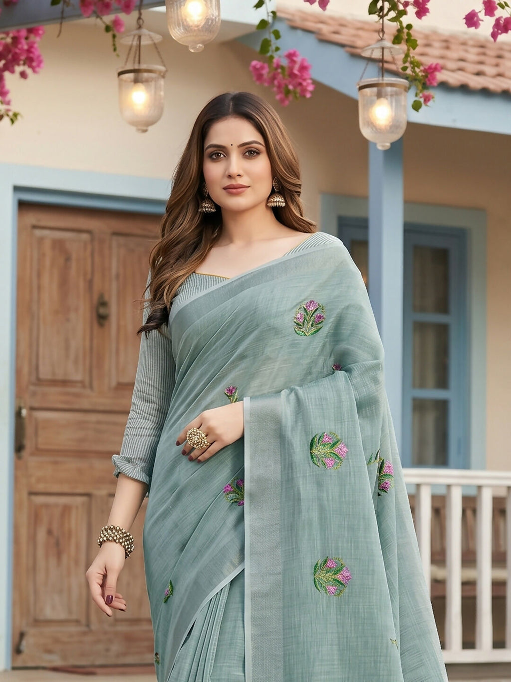 Shree Shyam Fashion Sea Green Linen Saree | Grocsy