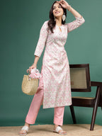 Sangria Floral Printed Cotton Notch Neck Straight Kurta | Grocsy