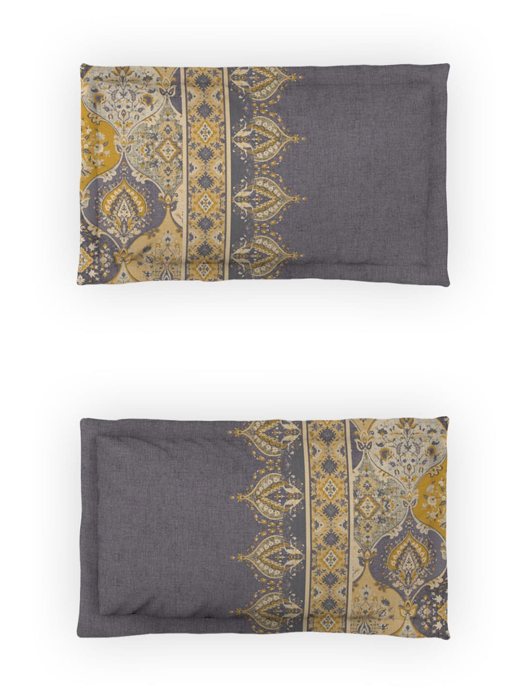 DDecor Grey & Yellow Ethnic Motifs Cotton 140 TC King Bedsheet With 2 Pillow Covers | Grocsy