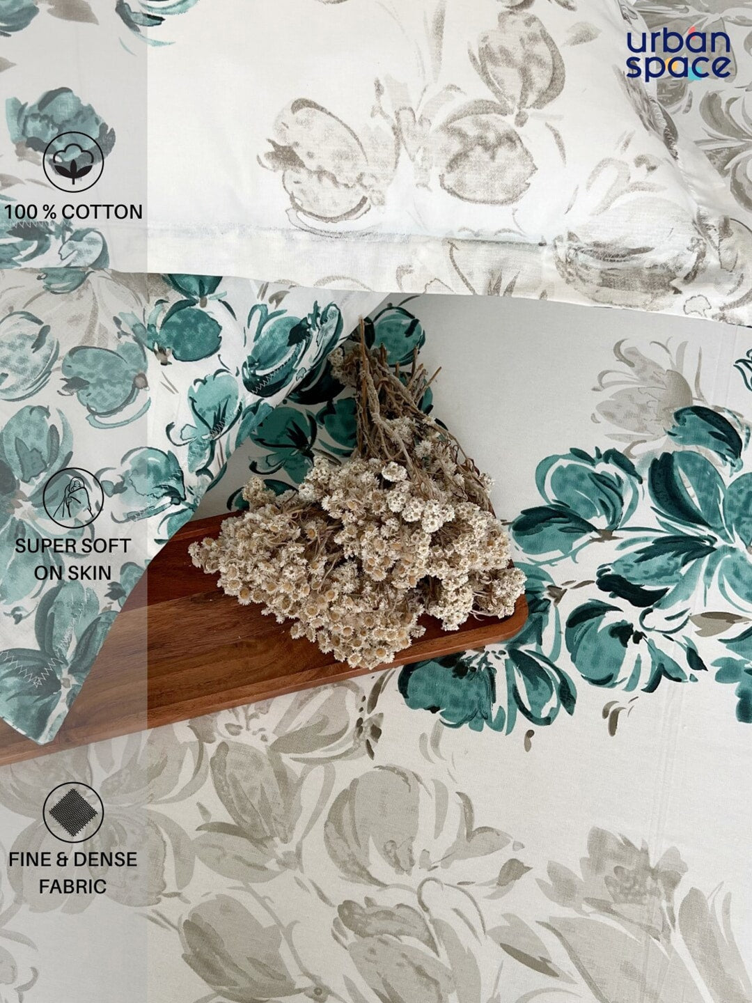 URBAN SPACE Serene White & Blue Printed 200 TC Pure Cotton Bedsheet & Pillow Covers | Grocsy