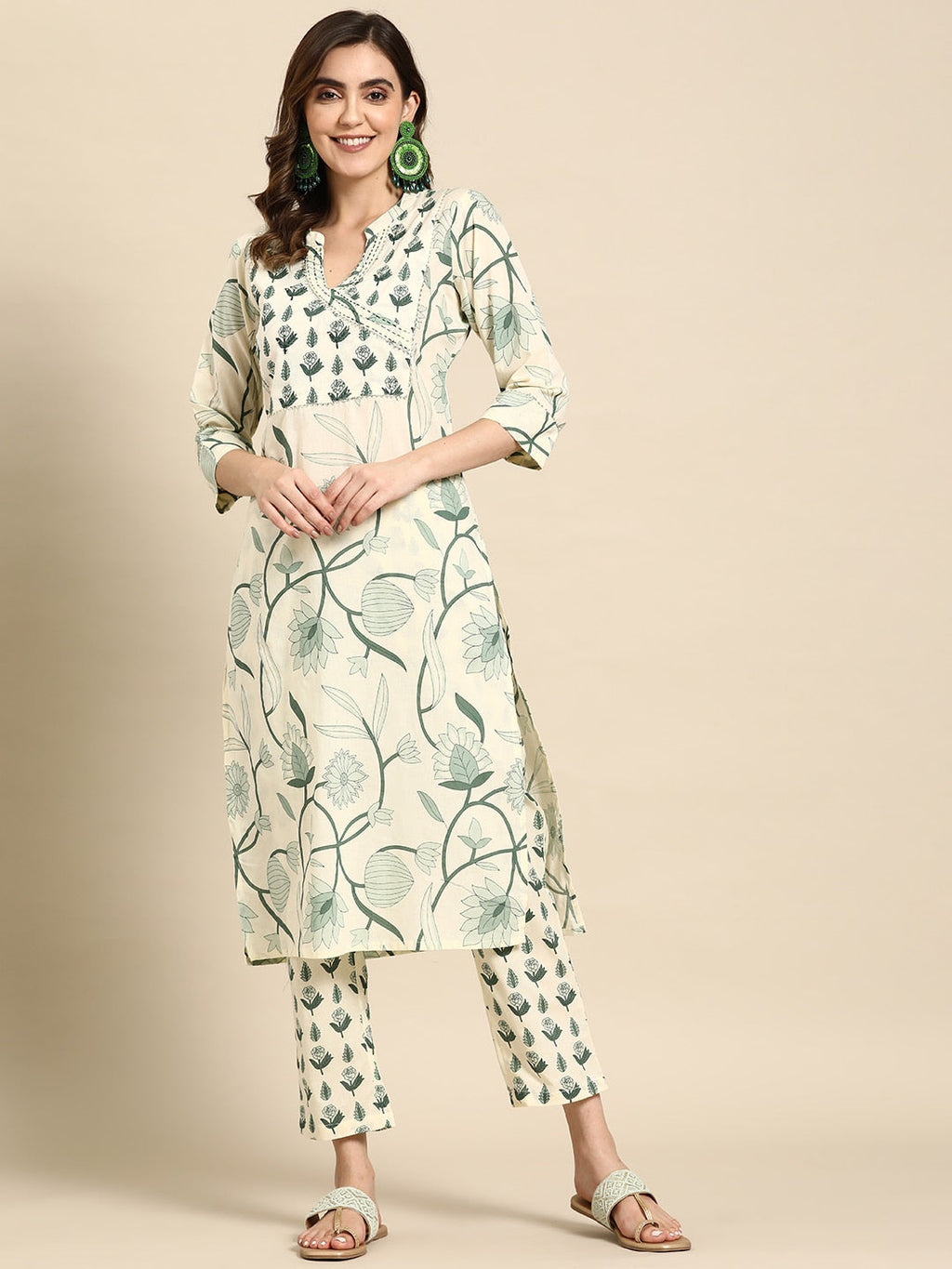 Sangria Floral Printed Angrakha Sequinned Pure Cotton Kurta With Trousers | Grocsy