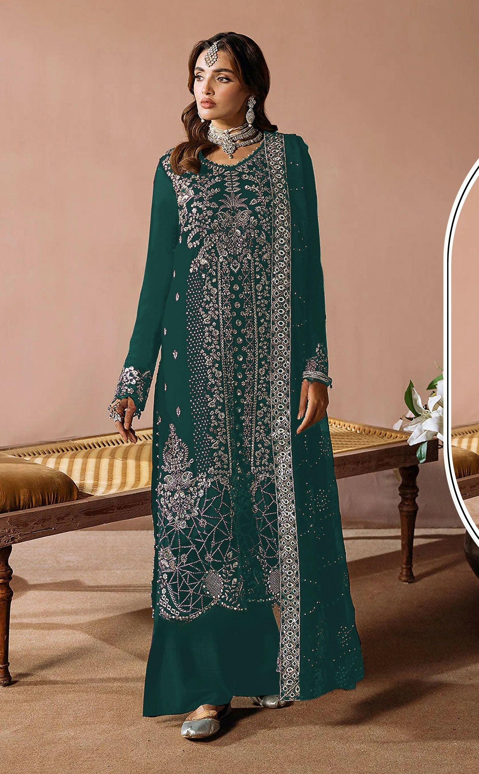 Anaita Teal Velvet Suit with Embroidery Sequence Work | Grocsy
