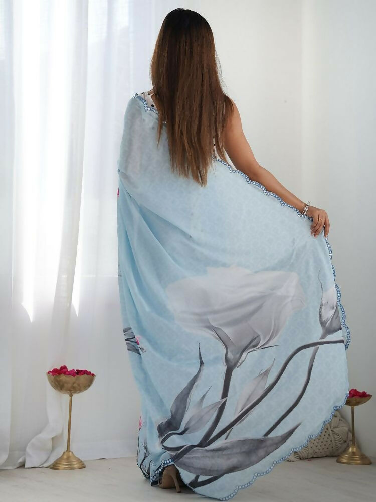 PR Fashion Denim Blue Georgette Digital Print With Mirror Work Saree | Grocsy