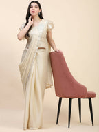 Beige Silk Satin Sequence Work Ready to Wear Saree with stitched Blouse - Nirvana | Grocsy