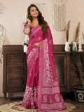 Joban Fashion Pink Floral Linen Ready To Wear Saree With Unstitched Blouse | Grocsy