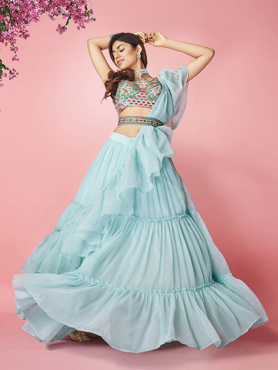 Myra Sky Blue Art Silk Designer Lehenga | Grocsy